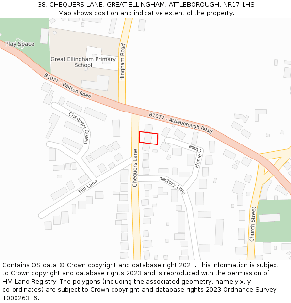 38, CHEQUERS LANE, GREAT ELLINGHAM, ATTLEBOROUGH, NR17 1HS: Location map and indicative extent of plot