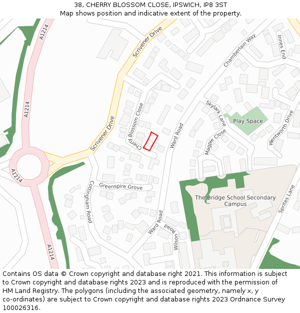 38, CHERRY BLOSSOM CLOSE, IPSWICH, IP8 3ST: Location map and indicative extent of plot