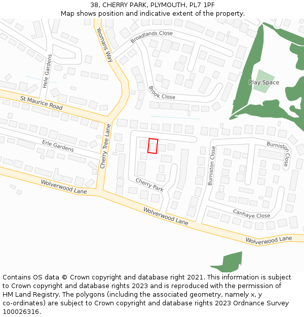38, CHERRY PARK, PLYMOUTH, PL7 1PF: Location map and indicative extent of plot
