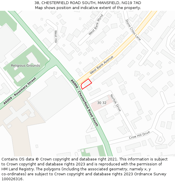 38, CHESTERFIELD ROAD SOUTH, MANSFIELD, NG19 7AD: Location map and indicative extent of plot