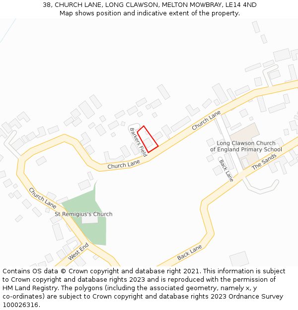 38, CHURCH LANE, LONG CLAWSON, MELTON MOWBRAY, LE14 4ND: Location map and indicative extent of plot