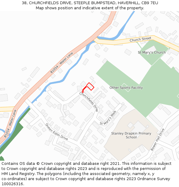 38, CHURCHFIELDS DRIVE, STEEPLE BUMPSTEAD, HAVERHILL, CB9 7EU: Location map and indicative extent of plot