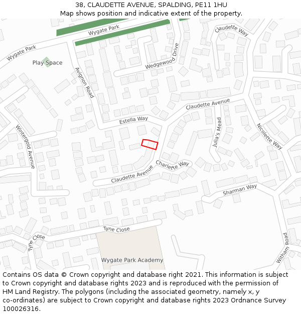 38, CLAUDETTE AVENUE, SPALDING, PE11 1HU: Location map and indicative extent of plot