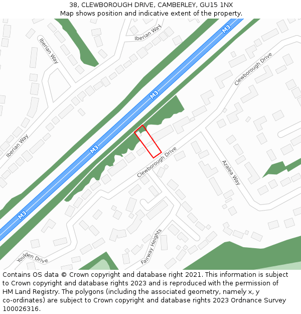 38, CLEWBOROUGH DRIVE, CAMBERLEY, GU15 1NX: Location map and indicative extent of plot