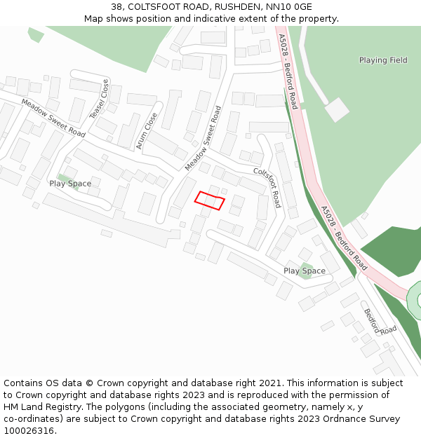 38, COLTSFOOT ROAD, RUSHDEN, NN10 0GE: Location map and indicative extent of plot