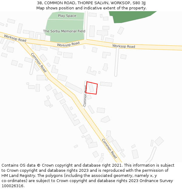38, COMMON ROAD, THORPE SALVIN, WORKSOP, S80 3JJ: Location map and indicative extent of plot