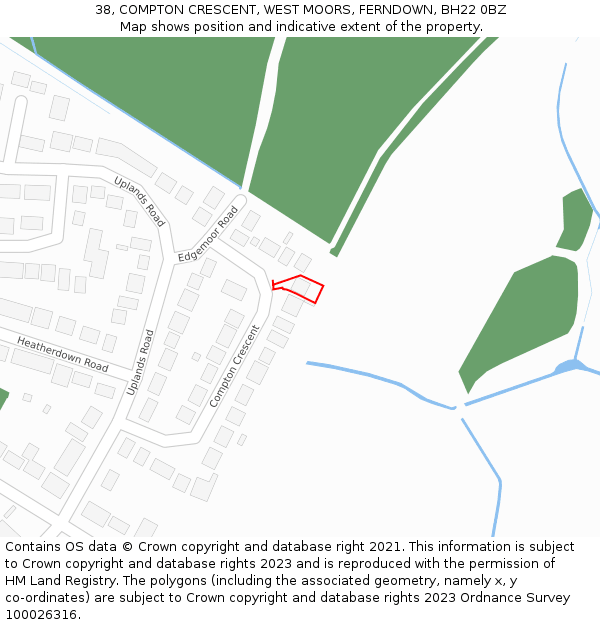 38, COMPTON CRESCENT, WEST MOORS, FERNDOWN, BH22 0BZ: Location map and indicative extent of plot