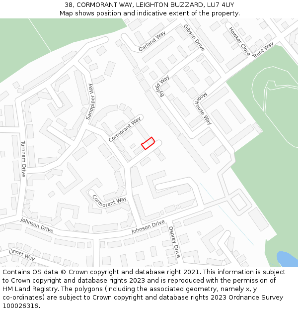 38, CORMORANT WAY, LEIGHTON BUZZARD, LU7 4UY: Location map and indicative extent of plot