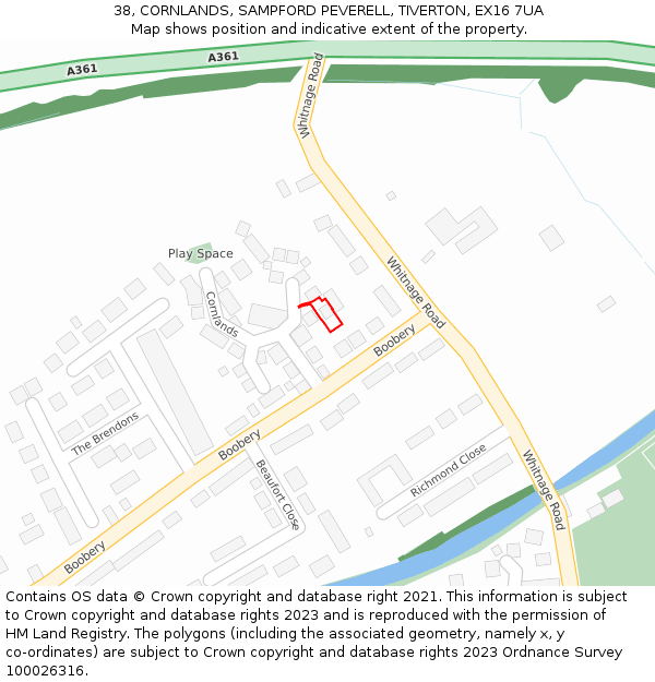 38, CORNLANDS, SAMPFORD PEVERELL, TIVERTON, EX16 7UA: Location map and indicative extent of plot