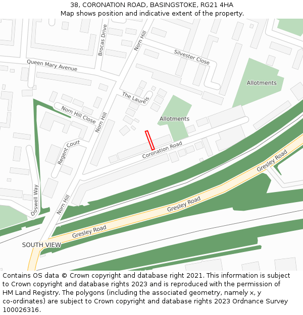 38, CORONATION ROAD, BASINGSTOKE, RG21 4HA: Location map and indicative extent of plot
