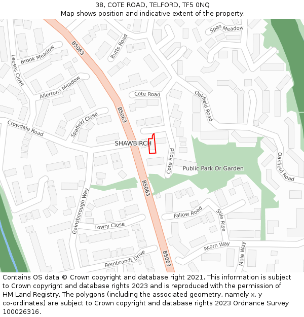 38, COTE ROAD, TELFORD, TF5 0NQ: Location map and indicative extent of plot