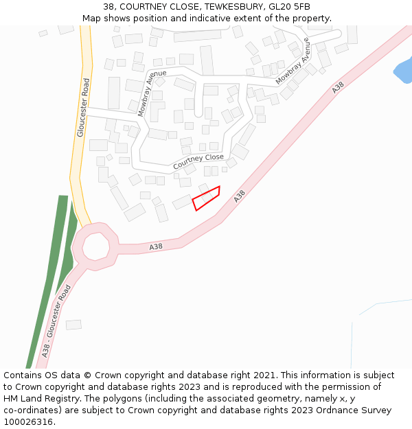 38, COURTNEY CLOSE, TEWKESBURY, GL20 5FB: Location map and indicative extent of plot