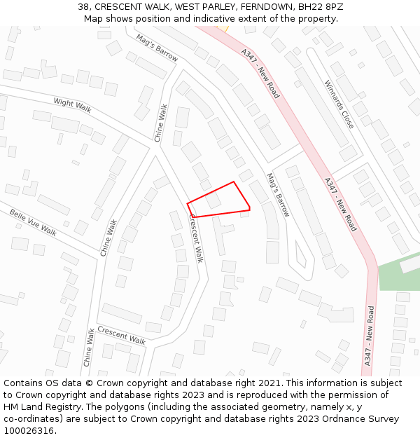 38, CRESCENT WALK, WEST PARLEY, FERNDOWN, BH22 8PZ: Location map and indicative extent of plot