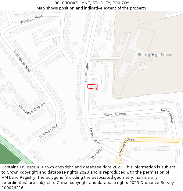 38, CROOKS LANE, STUDLEY, B80 7QY: Location map and indicative extent of plot