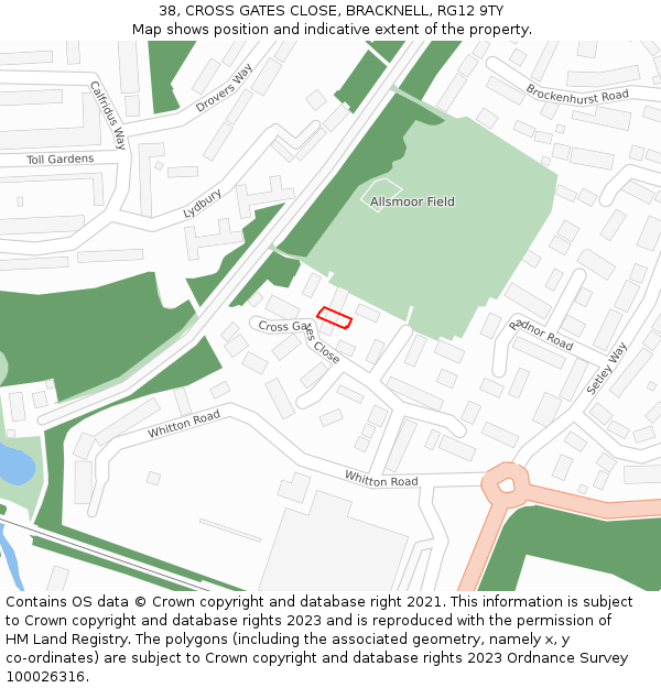 38, CROSS GATES CLOSE, BRACKNELL, RG12 9TY: Location map and indicative extent of plot