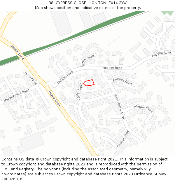 38, CYPRESS CLOSE, HONITON, EX14 2YW: Location map and indicative extent of plot