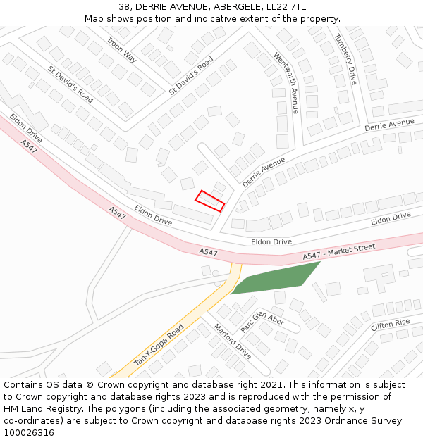 38, DERRIE AVENUE, ABERGELE, LL22 7TL: Location map and indicative extent of plot