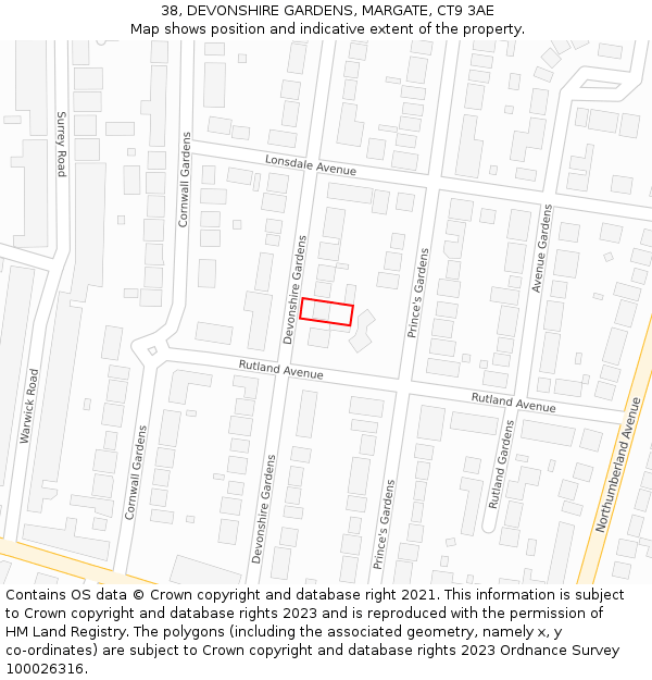 38, DEVONSHIRE GARDENS, MARGATE, CT9 3AE: Location map and indicative extent of plot