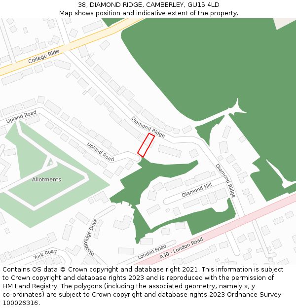 38, DIAMOND RIDGE, CAMBERLEY, GU15 4LD: Location map and indicative extent of plot
