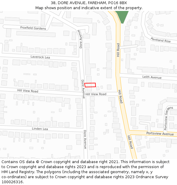 38, DORE AVENUE, FAREHAM, PO16 8BX: Location map and indicative extent of plot