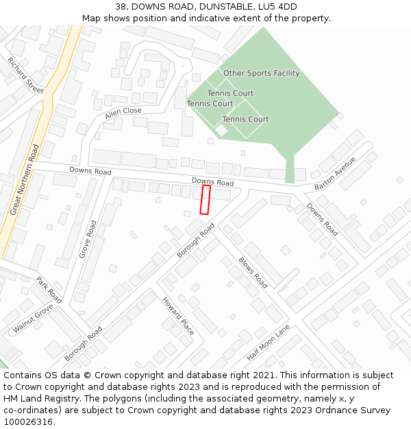 38, DOWNS ROAD, DUNSTABLE, LU5 4DD: Location map and indicative extent of plot