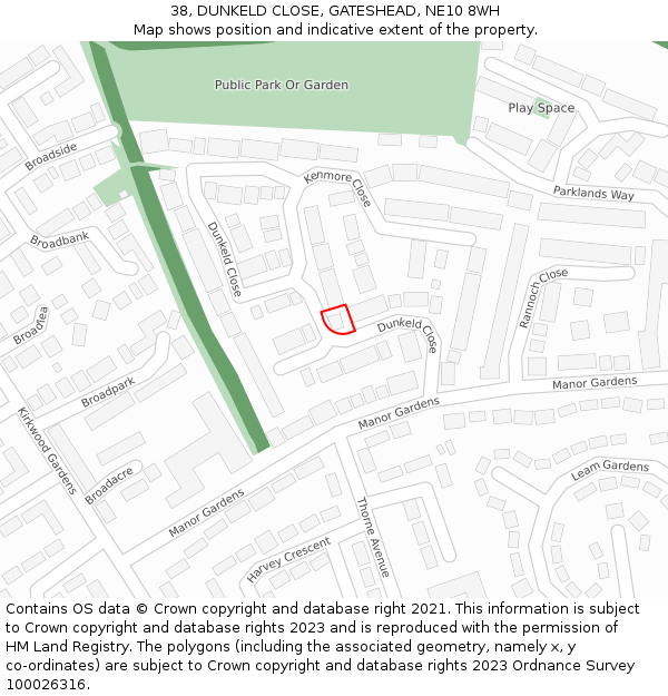 38, DUNKELD CLOSE, GATESHEAD, NE10 8WH: Location map and indicative extent of plot