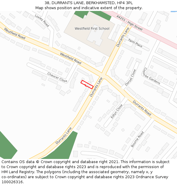 38, DURRANTS LANE, BERKHAMSTED, HP4 3PL: Location map and indicative extent of plot