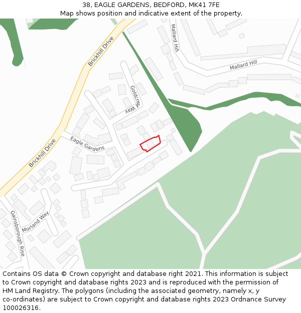 38, EAGLE GARDENS, BEDFORD, MK41 7FE: Location map and indicative extent of plot