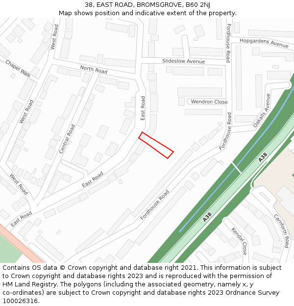 38, EAST ROAD, BROMSGROVE, B60 2NJ: Location map and indicative extent of plot