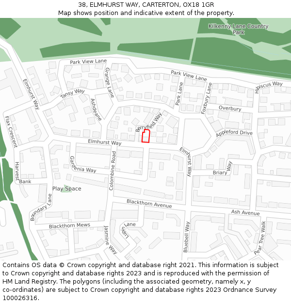 38, ELMHURST WAY, CARTERTON, OX18 1GR: Location map and indicative extent of plot