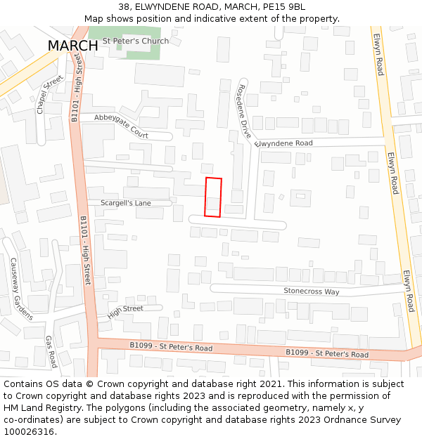 38, ELWYNDENE ROAD, MARCH, PE15 9BL: Location map and indicative extent of plot