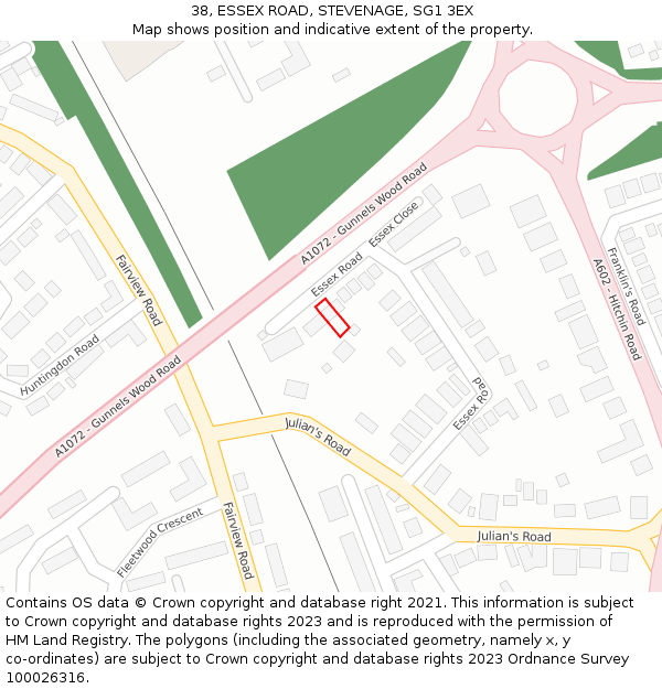 38, ESSEX ROAD, STEVENAGE, SG1 3EX: Location map and indicative extent of plot