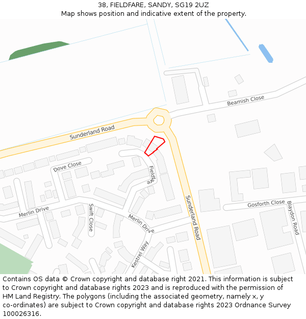 38, FIELDFARE, SANDY, SG19 2UZ: Location map and indicative extent of plot