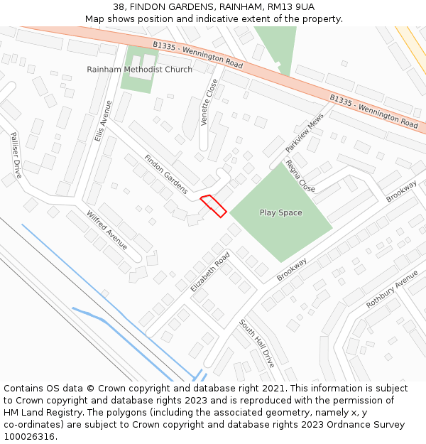 38, FINDON GARDENS, RAINHAM, RM13 9UA: Location map and indicative extent of plot