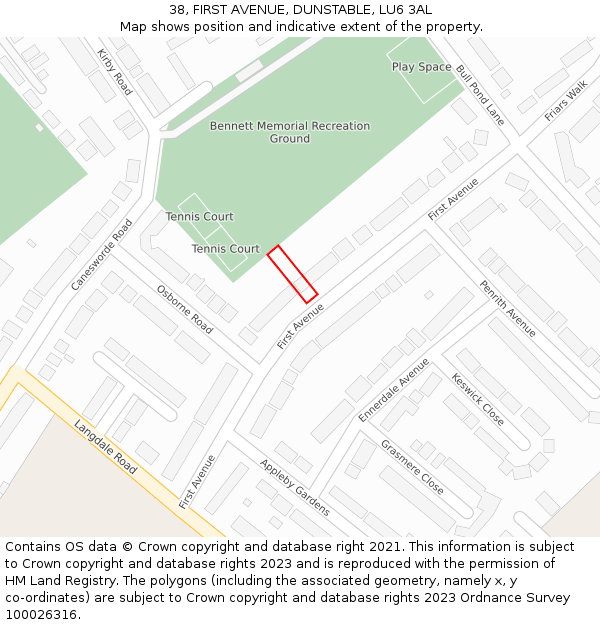 38, FIRST AVENUE, DUNSTABLE, LU6 3AL: Location map and indicative extent of plot