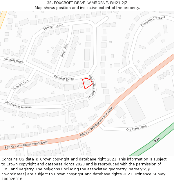 38, FOXCROFT DRIVE, WIMBORNE, BH21 2JZ: Location map and indicative extent of plot