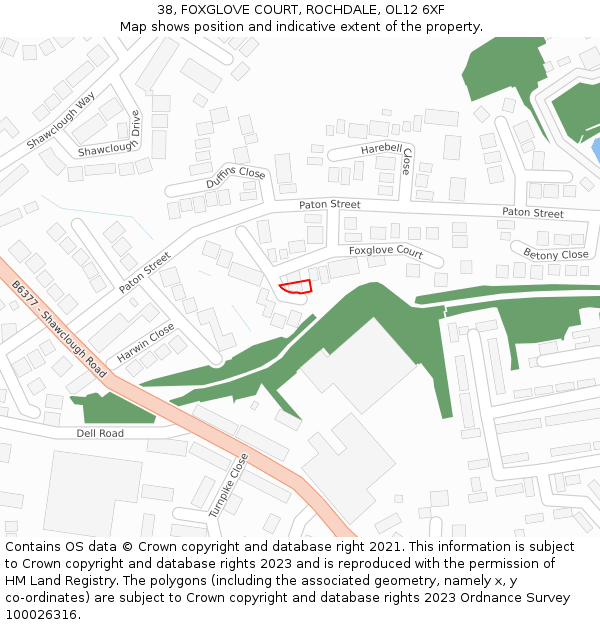 38, FOXGLOVE COURT, ROCHDALE, OL12 6XF: Location map and indicative extent of plot