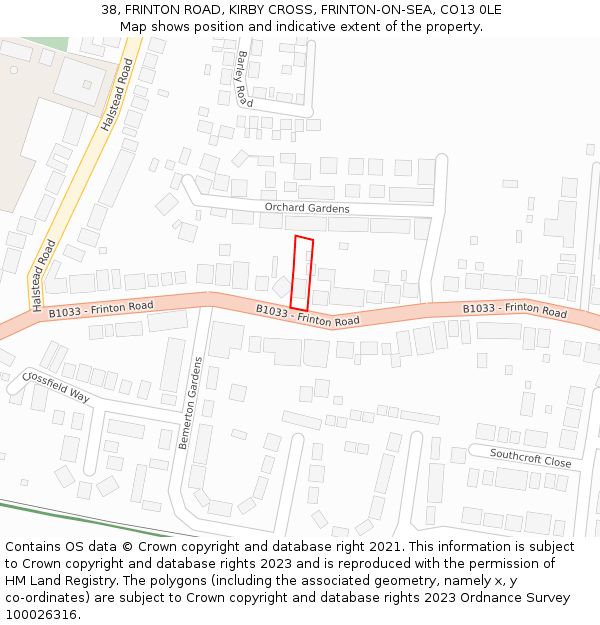 38, FRINTON ROAD, KIRBY CROSS, FRINTON-ON-SEA, CO13 0LE: Location map and indicative extent of plot