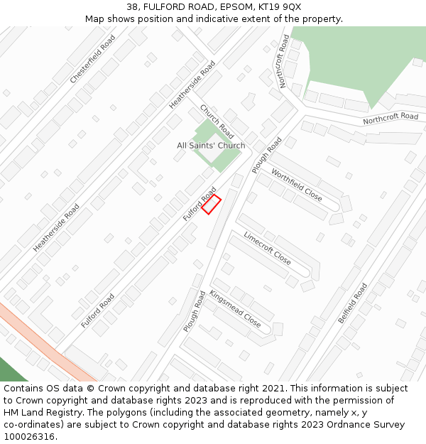 38, FULFORD ROAD, EPSOM, KT19 9QX: Location map and indicative extent of plot