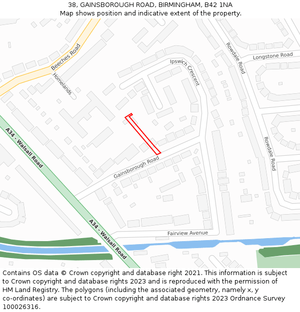 38, GAINSBOROUGH ROAD, BIRMINGHAM, B42 1NA: Location map and indicative extent of plot