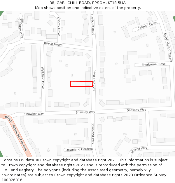 38, GARLICHILL ROAD, EPSOM, KT18 5UA: Location map and indicative extent of plot