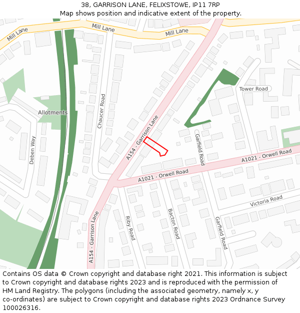 38, GARRISON LANE, FELIXSTOWE, IP11 7RP: Location map and indicative extent of plot