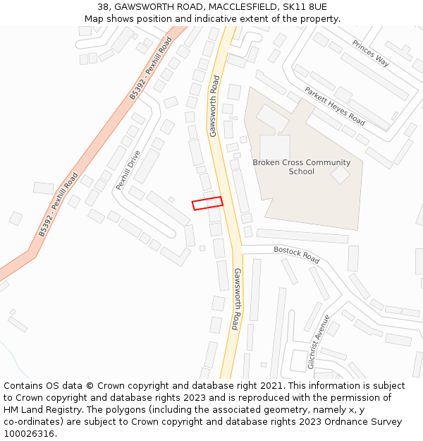 38, GAWSWORTH ROAD, MACCLESFIELD, SK11 8UE: Location map and indicative extent of plot