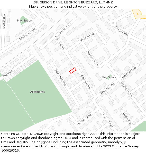 38, GIBSON DRIVE, LEIGHTON BUZZARD, LU7 4NZ: Location map and indicative extent of plot