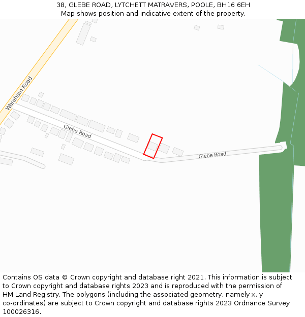 38, GLEBE ROAD, LYTCHETT MATRAVERS, POOLE, BH16 6EH: Location map and indicative extent of plot