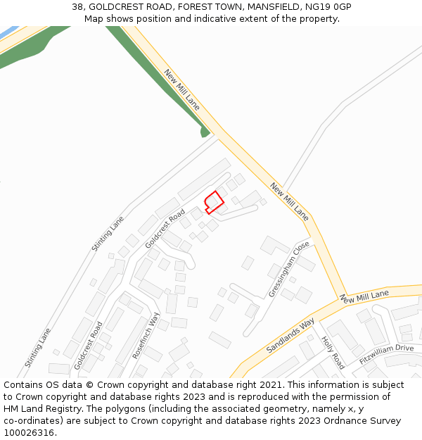 38, GOLDCREST ROAD, FOREST TOWN, MANSFIELD, NG19 0GP: Location map and indicative extent of plot