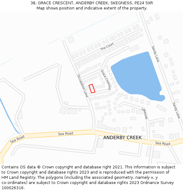 38, GRACE CRESCENT, ANDERBY CREEK, SKEGNESS, PE24 5XR: Location map and indicative extent of plot