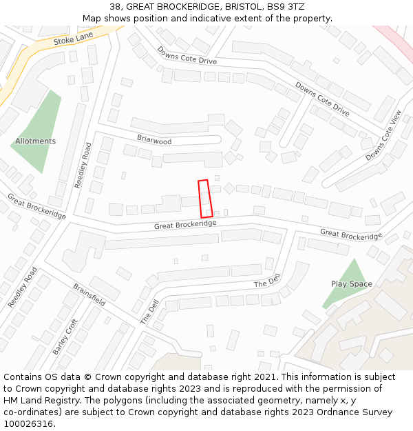 38, GREAT BROCKERIDGE, BRISTOL, BS9 3TZ: Location map and indicative extent of plot