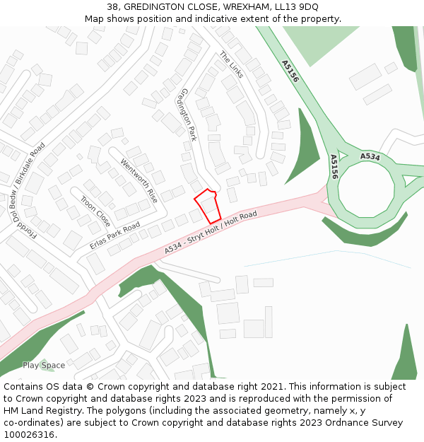 38, GREDINGTON CLOSE, WREXHAM, LL13 9DQ: Location map and indicative extent of plot