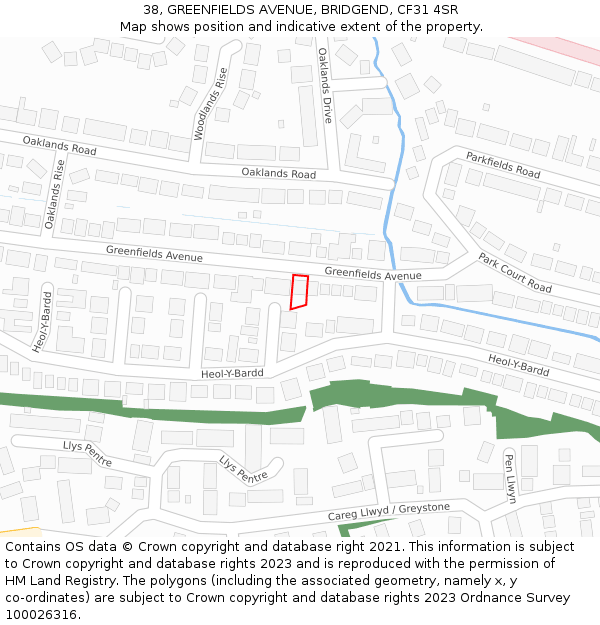 38, GREENFIELDS AVENUE, BRIDGEND, CF31 4SR: Location map and indicative extent of plot